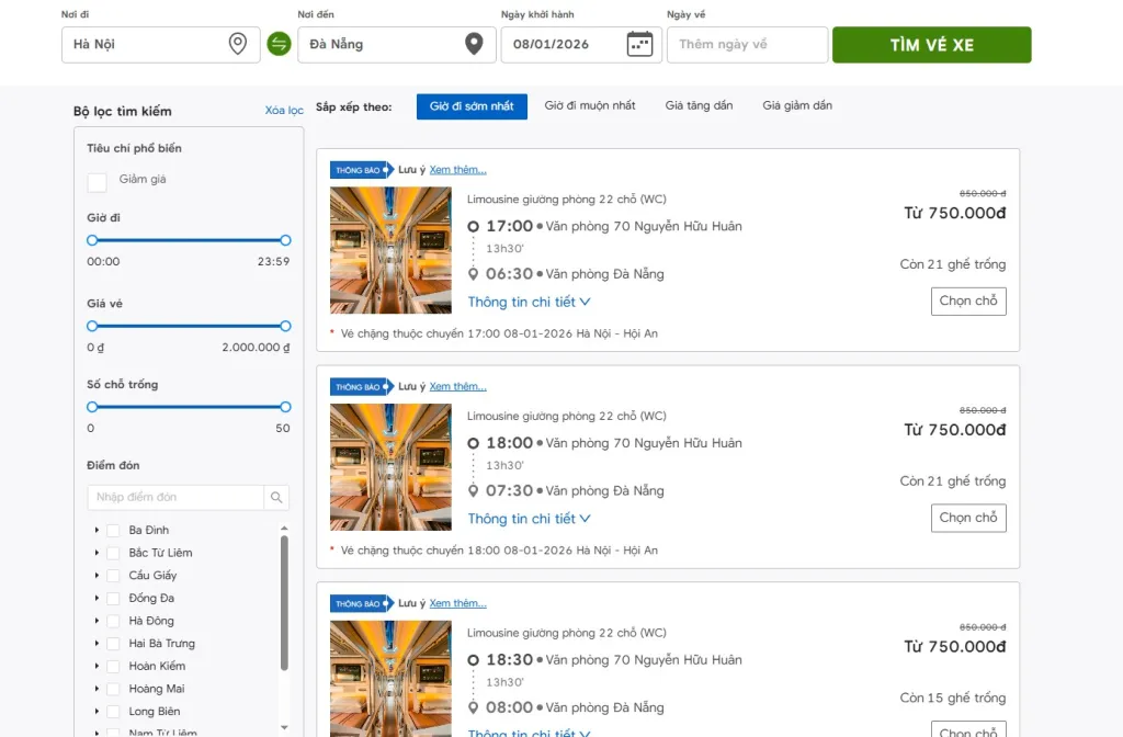 Đặt vé xe Hà Nội Đà Nẵng qua web nhà xe